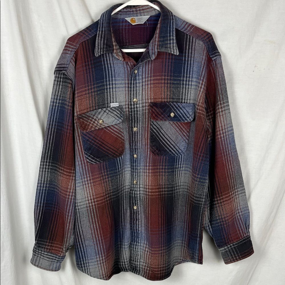 Vintage Carhartt Rugged Outdoor Wear Blue and Maroon Plaid Button Up Shirt
